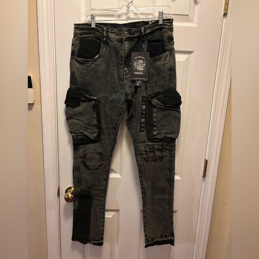 R3bel Denim Men’s Black Cargo Jeans Skinny Fit W36/L32 BNWT AS SEEN ON IG!!!!